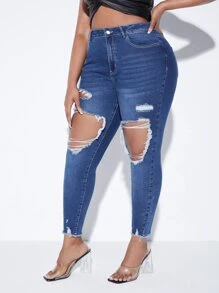 SHEIN Plus High Waist Ripped Cut Out Raw Trim Skinny Jeans - Medium Wash - View 4