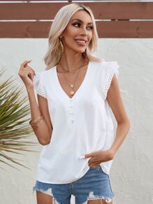 SHEIN LUNE 素色網眼刺繡邊襯衫 - 白色 - 查看 4