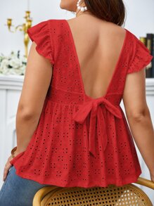 SHEIN Frenchy Plus Contrast Lace Tie Back Eyelet Embroidery Tee - Red - View 1