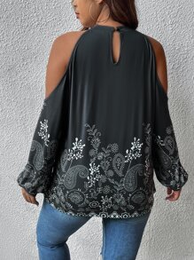 SHEIN LUNE Camiseta con estampado floral de hombros descubiertos - Negro - Ver 3