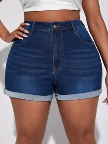 SHEIN SXY Plus Roll Up Hem Denim Shorts - Dark Wash - View 5