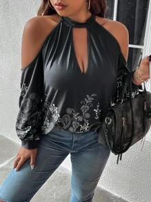 SHEIN LUNE Camiseta con estampado floral de hombros descubiertos - Negro - Ver 4