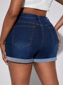 SHEIN SXY Plus Roll Up Hem Denim Shorts - Dark Wash - View 2