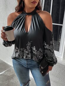 SHEIN LUNE Camiseta con estampado floral de hombros descubiertos - Negro - Ver 6