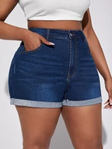 SHEIN SXY Plus Roll Up Hem Denim Shorts - Dark Wash - View 4