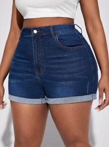 SHEIN SXY Plus Roll Up Hem Denim Shorts - Dark Wash - View 1