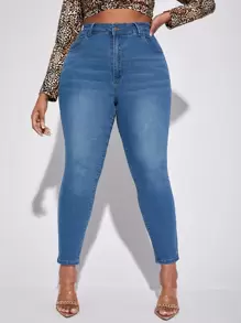 SHEIN SXY Plus High Waist Skinny Jeans - Medium Wash - View 1