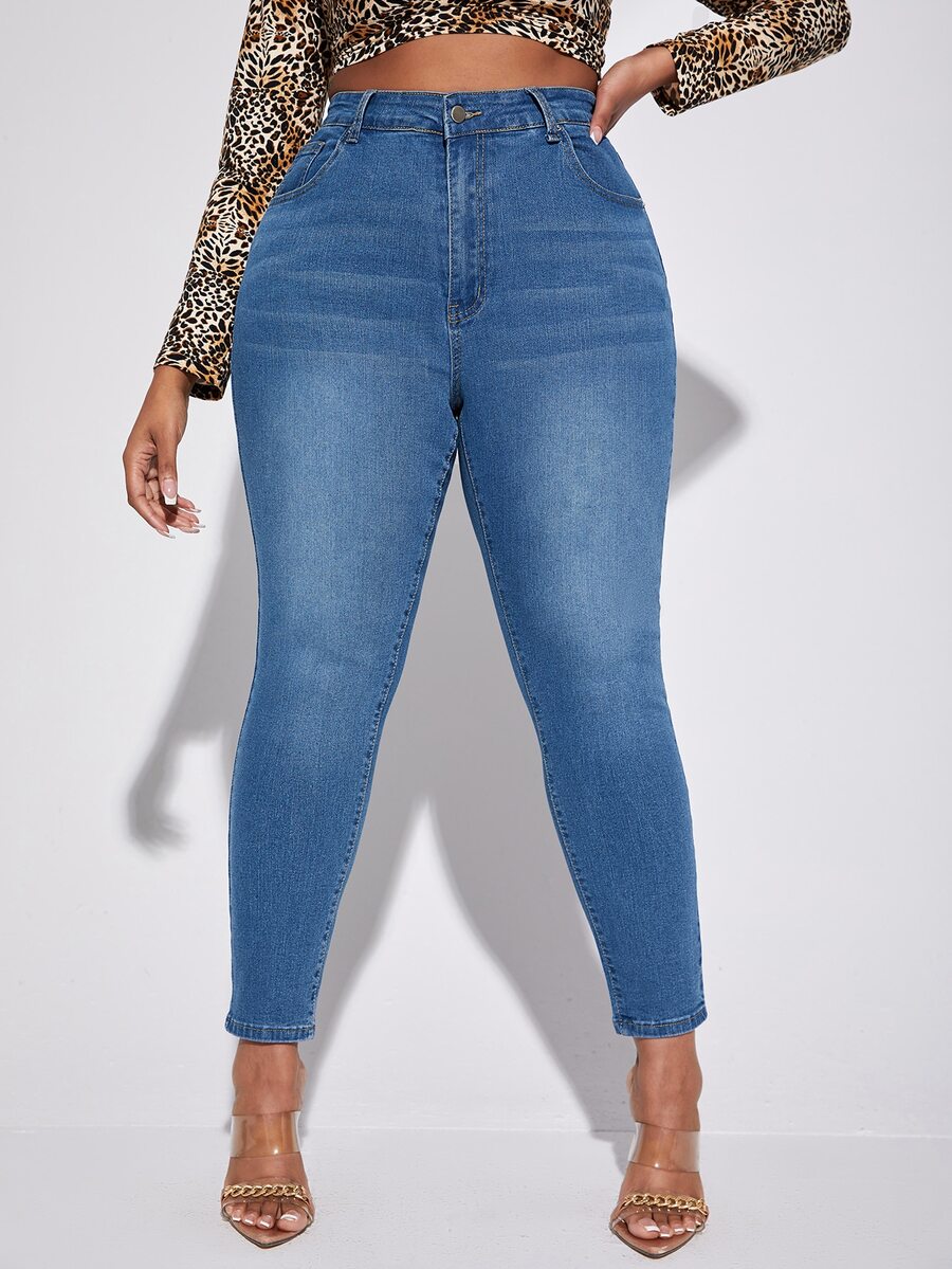 SHEIN SXY Plus High Waist Skinny Jeans - Medium Wash - View 1