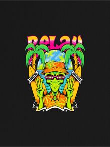 Jena998 Letter & Cartoon Graphic Drop Shoulder Oversize Tee - Black - View 2