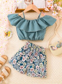 SHEIN Toddler Girls Cold Shoulder Ruffle Trim Blouse & Floral Print Shorts - Multicolor - View 1