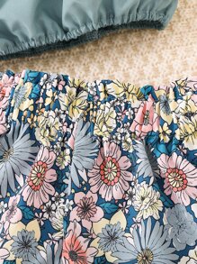 SHEIN Toddler Girls Cold Shoulder Ruffle Trim Blouse & Floral Print Shorts - Multicolor - View 4