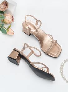 Giày cao gót thời trang mới về Giày cao gót đế thô đa năng Gót trung gợi cảm Màu vàng hồng đính đá Dép xỏ ngón ngoài trời Dép cỡ lớn cho nữ - Hoa hồng vàng - Xem 3