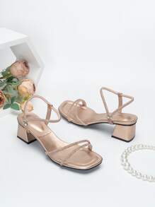 Giày cao gót thời trang mới về Giày cao gót đế thô đa năng Gót trung gợi cảm Màu vàng hồng đính đá Dép xỏ ngón ngoài trời Dép cỡ lớn cho nữ - Hoa hồng vàng - Xem 4