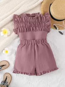 SHEIN Niñas Shorts con top con fruncido ribete con fruncido - Púrpura polvoriento - Ver 1