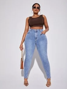 Plus High Waist Skinny Jeans - Light Wash - View 4