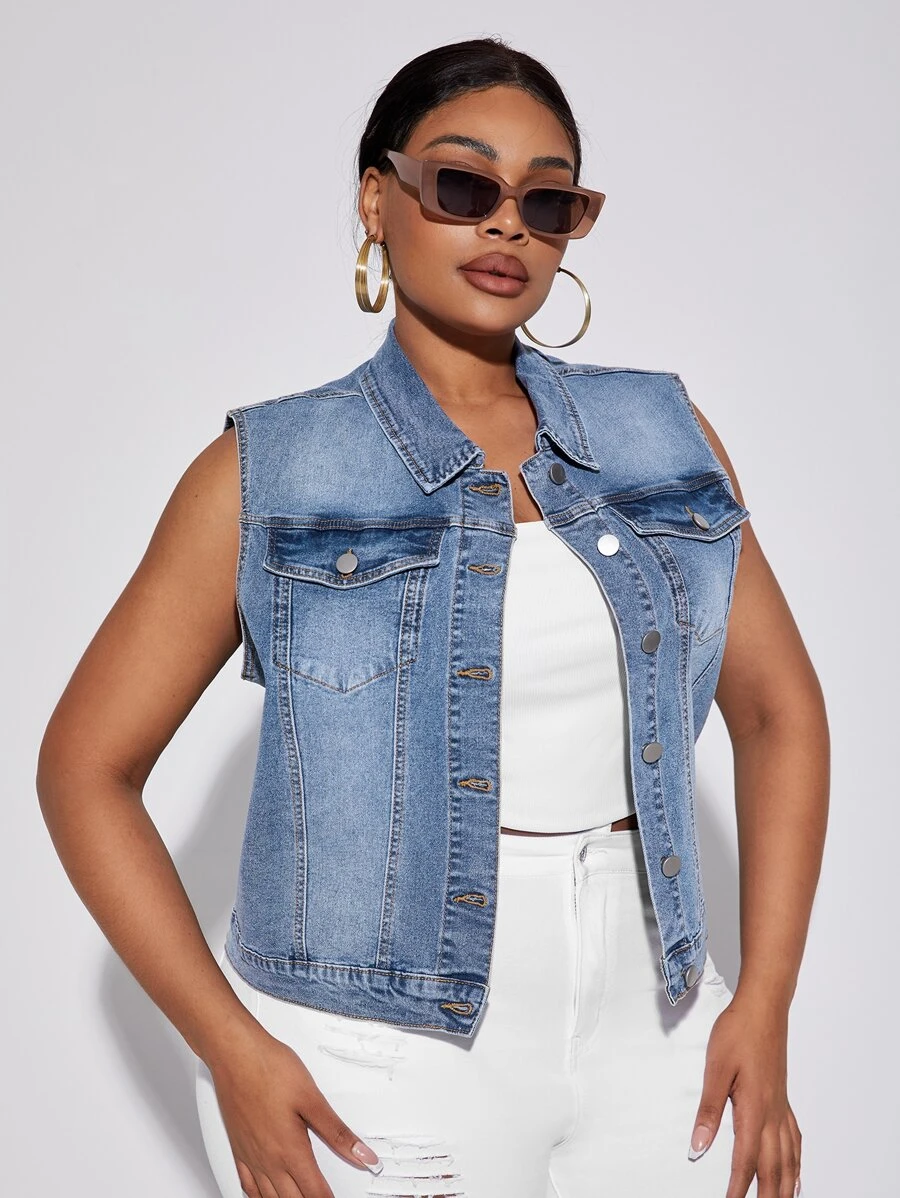 SHEIN SXY 大碼翻蓋口袋馬甲牛仔夾克 - 淺色水洗藍 - 查看 1