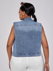 SHEIN SXY 大碼翻蓋口袋馬甲牛仔夾克 - 淺色水洗藍 - 查看 2