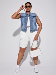 SHEIN SXY 大碼翻蓋口袋馬甲牛仔夾克 - 淺色水洗藍 - 查看 4