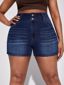 SHEIN SXY Quần short denim oversized Nút Túi Dây kéo màu trơn - Rửa tối - Xem 2