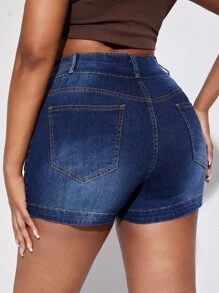 SHEIN SXY Quần short denim oversized Nút Túi Dây kéo màu trơn - Rửa tối - Xem 3