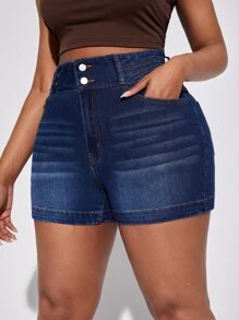 SHEIN SXY Quần short denim oversized Nút Túi Dây kéo màu trơn - Rửa tối - Xem 4