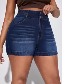 SHEIN SXY Quần short denim oversized Nút Túi Dây kéo màu trơn - Rửa tối - Xem 1