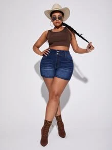 SHEIN SXY Quần short denim oversized Nút Túi Dây kéo màu trơn - Rửa tối - Xem 5