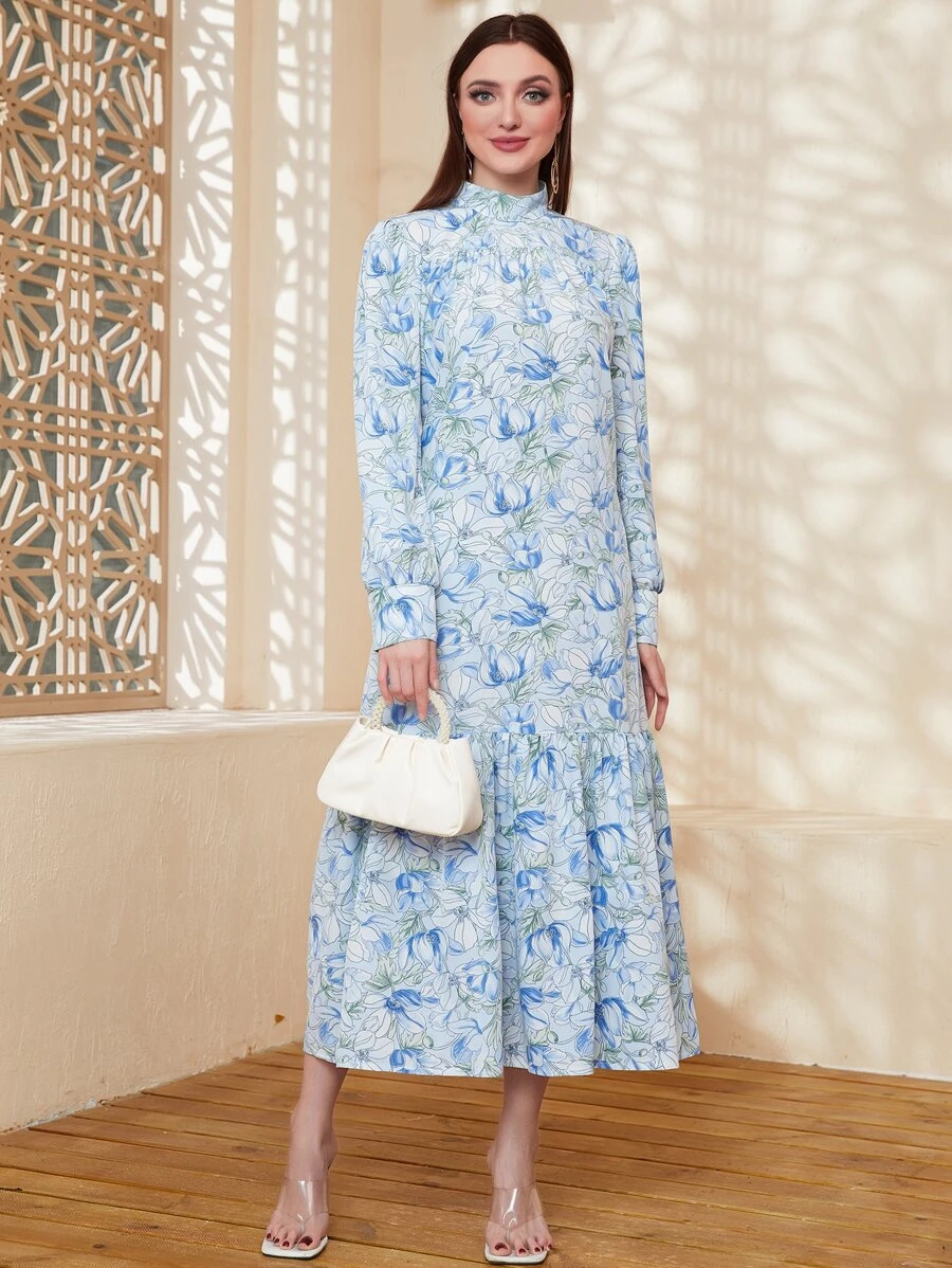 Mulvari Floral Print Mock Neck Ruffle Hem Dress - Multicolor - View 1