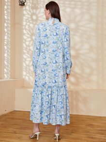 Mulvari Floral Print Mock Neck Ruffle Hem Dress - Multicolor - View 2