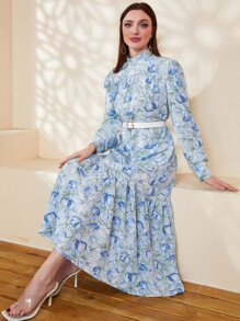 Mulvari Floral Print Mock Neck Ruffle Hem Dress - Multicolor - View 4