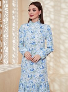 Mulvari Floral Print Mock Neck Ruffle Hem Dress - Multicolor - View 5