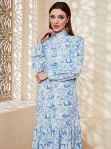 Mulvari Floral Print Mock Neck Ruffle Hem Dress - Multicolor - View 6