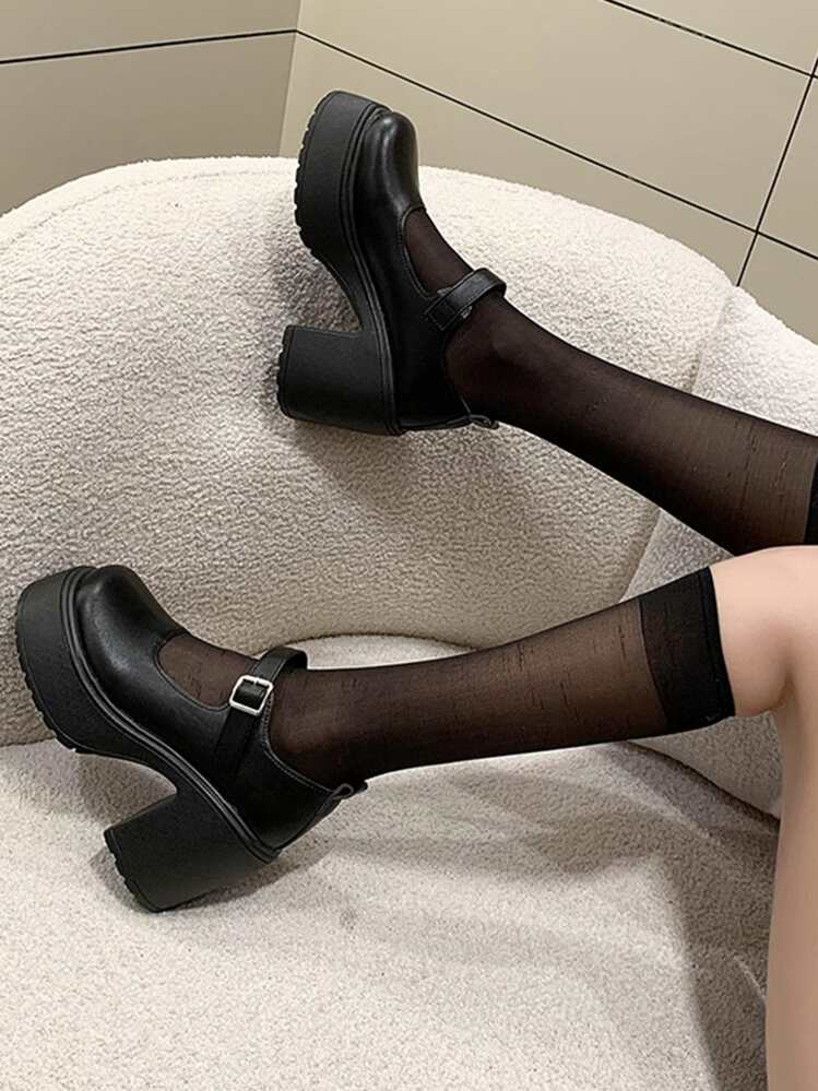 女士春秋新款系带方头高跟小皮学院风JK制服玛丽珍鞋，女士高跟鞋，女士厚底高跟鞋 - 黑色 - 查看 1