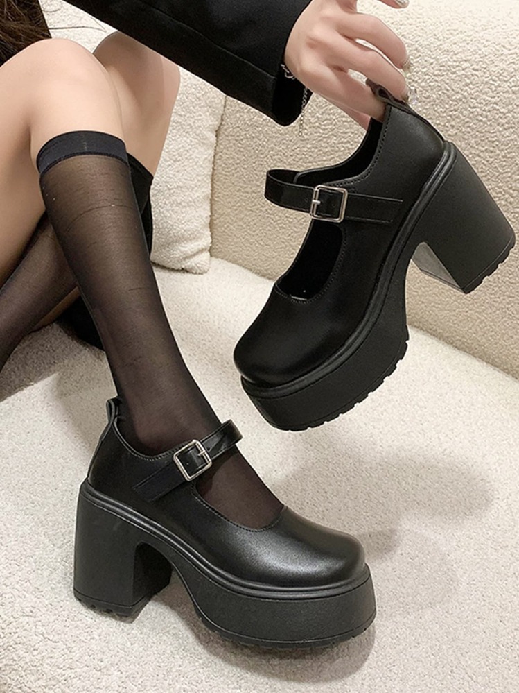 女士春秋新款系带方头高跟小皮学院风JK制服玛丽珍鞋，女士高跟鞋，女士厚底高跟鞋 - 黑色 - 查看 3