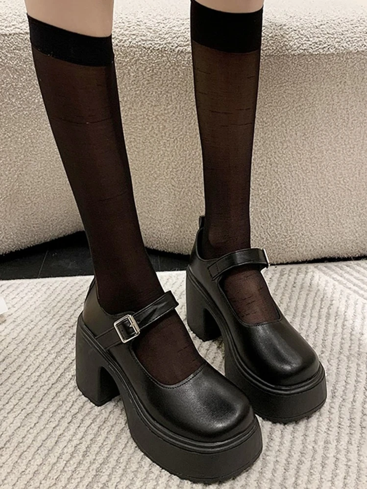 女士春秋新款系带方头高跟小皮学院风JK制服玛丽珍鞋，女士高跟鞋，女士厚底高跟鞋 - 黑色 - 查看 4