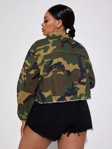 大碼迷彩印花毛邊牛仔夾克 - 軍綠色 - 查看 2