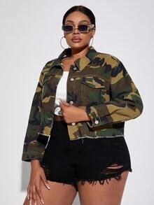 大碼迷彩印花毛邊牛仔夾克 - 軍綠色 - 查看 3