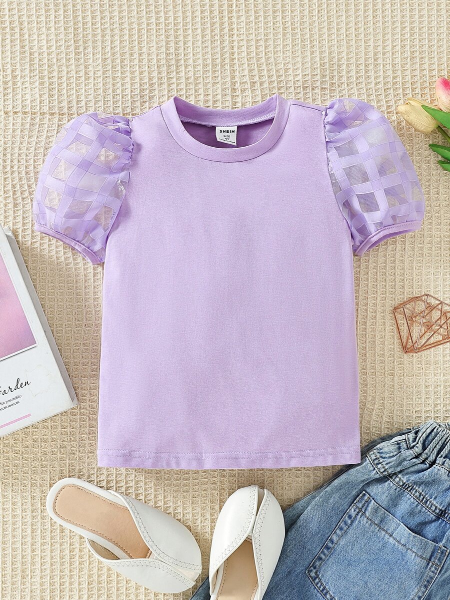 Toddler Girls Contrast Mesh Puff Sleeve Tee - Lilac Purple - View 1