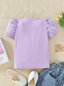 Toddler Girls Contrast Mesh Puff Sleeve Tee - Lilac Purple - View 2