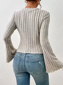 SHEIN Frenchy Women's  Fall Winter  Autumn Casual Solid Color Bell Sleeve Textured Fabric Crew Neck T-Shirt, - Apricot - View 2