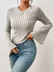 SHEIN Frenchy Women's  Fall Winter  Autumn Casual Solid Color Bell Sleeve Textured Fabric Crew Neck T-Shirt, - Apricot - View 4