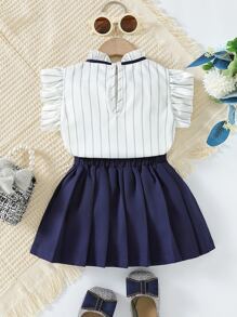 SHEIN Toddler Girls Striped Ruffle Trim Bow Front Top & Pleated Skirt - Blue and White - View 2