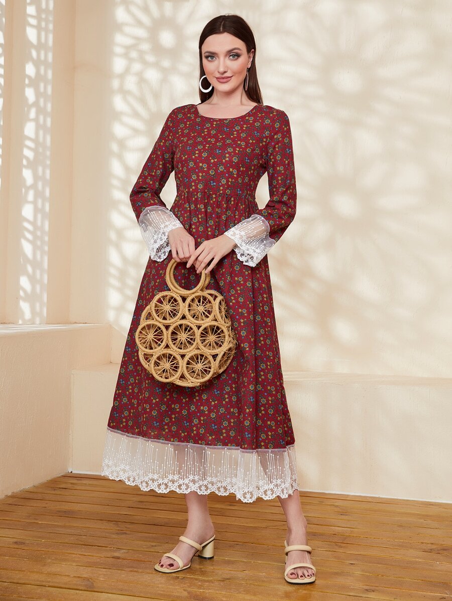 Mulvari Burgundy Red Ditsy Floral Print Contrast Mesh Trim Dress - Burgundy - View 1