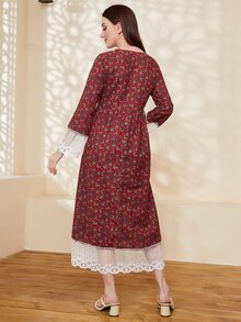 Mulvari Burgundy Red Ditsy Floral Print Contrast Mesh Trim Dress - Burgundy - View 2