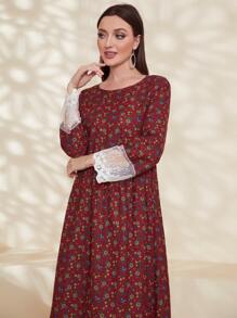 Mulvari Burgundy Red Ditsy Floral Print Contrast Mesh Trim Dress - Burgundy - View 3