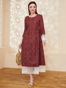 Mulvari Burgundy Red Ditsy Floral Print Contrast Mesh Trim Dress - Burgundy - View 4