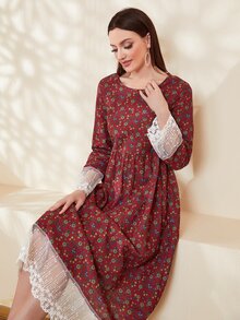 Mulvari Burgundy Red Ditsy Floral Print Contrast Mesh Trim Dress - Burgundy - View 5