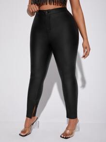 大碼下擺開叉緊身牛仔褲 - 黑色 - 查看 4