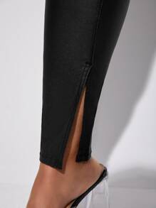 大碼下擺開叉緊身牛仔褲 - 黑色 - 查看 5