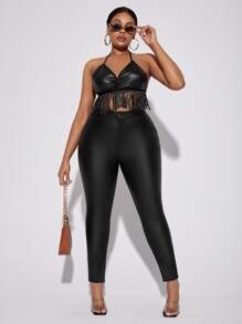 大碼下擺開叉緊身牛仔褲 - 黑色 - 查看 6